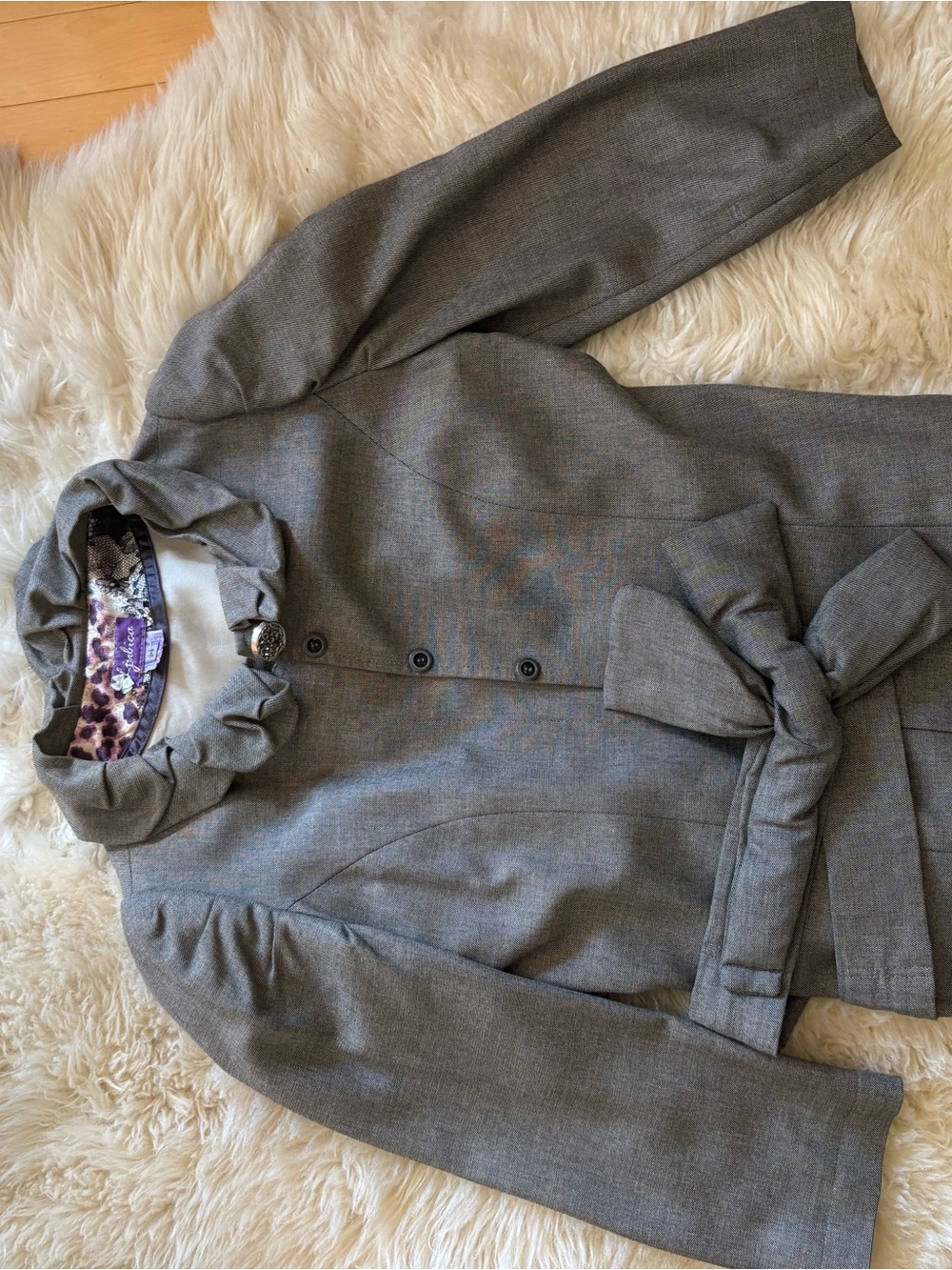 Gray Women's Belted Coat with Ruffle Collar